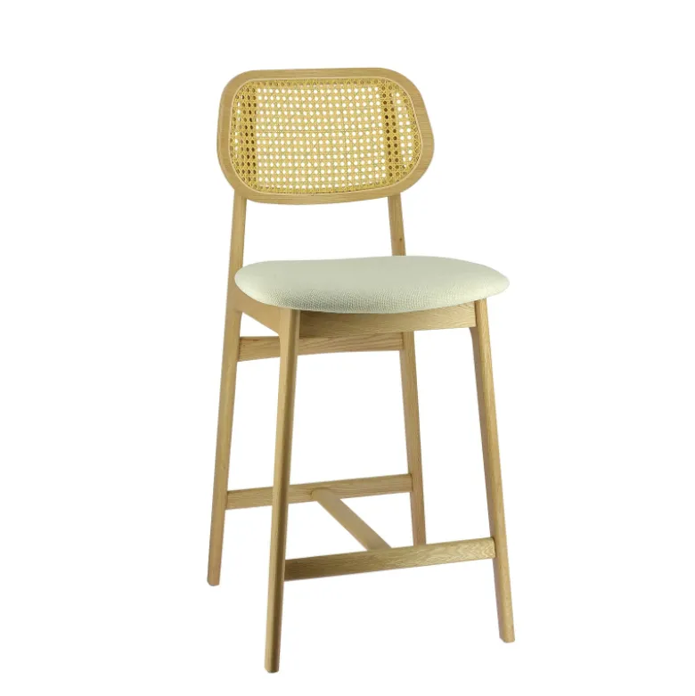 AugustinTabouret snack avec dossier en cannage et assise en tissu