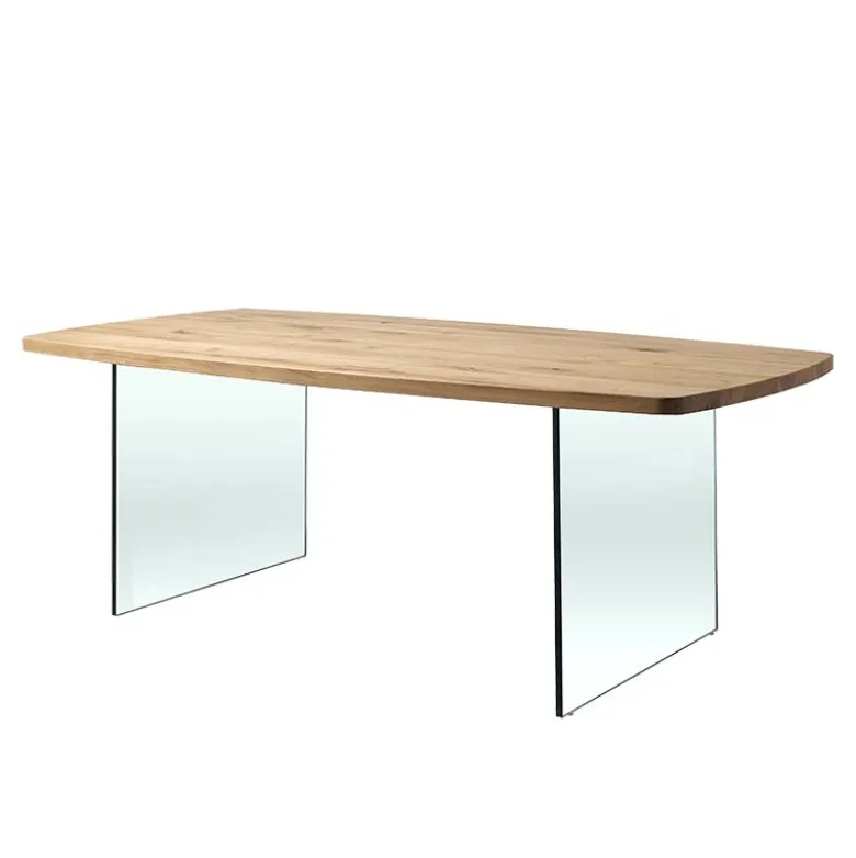 Carte Table de salle à manger pieds en verre et plateau tonneau en bois massif