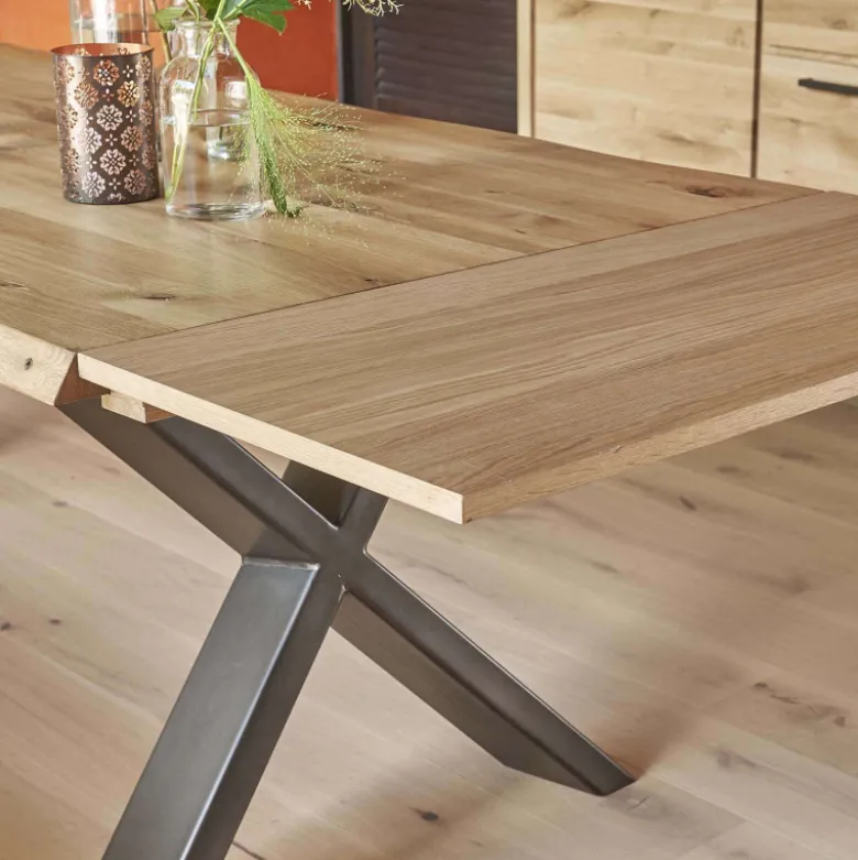 Carte Table extensible rectangulaire en chêne massif et métal pieds en X
